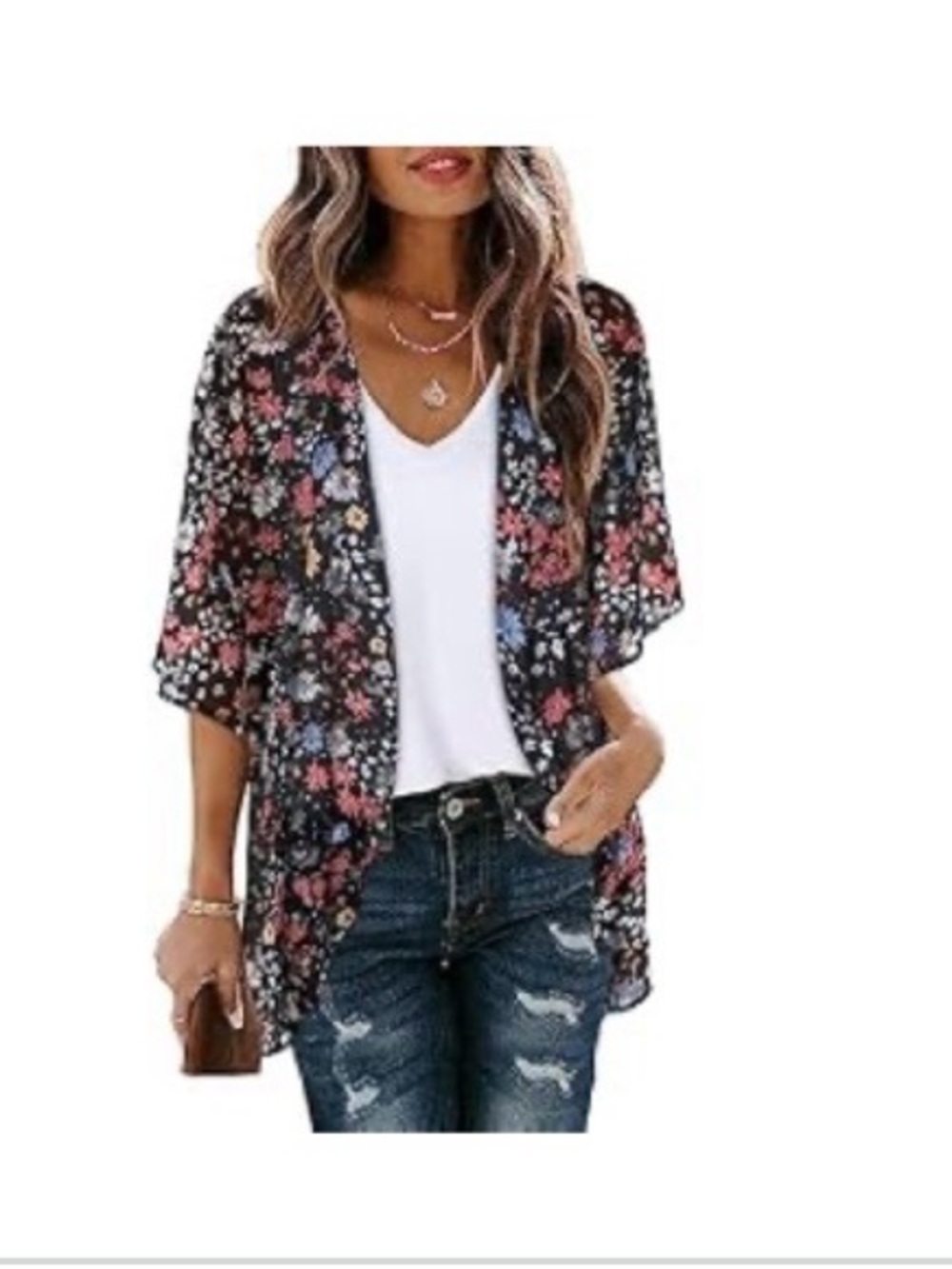 Floral Open-Front Chiffon Kimono Cardigan Beach Cover Up
